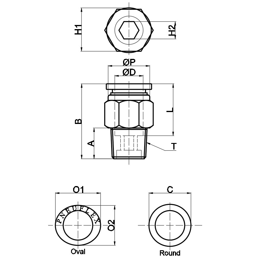 drawing of PC 08-02 | Push in Fitting - Male Straight Connector | 8mm O.D Tubing, R, PT, BSPT 1/4 Male Thread