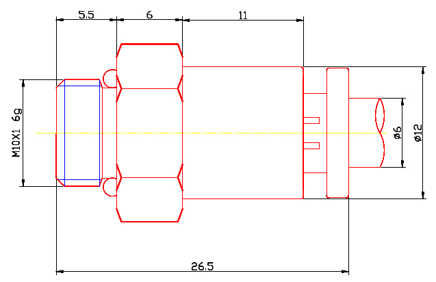 drawing of BPC 06-M10 | 6mm Tube, M10x1 Thread Male Straight | Brass Push to Connect Fitting