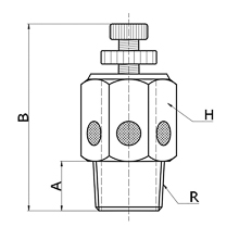 drawing of BESLC 02 | R, PT, BSPT 1/4 Pneumatic Flow Control Exhaust Silencer
