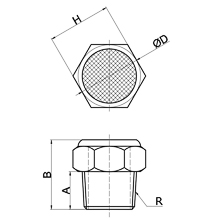 drawing of BSLM 02 | R, PT, BSPT 1/4 Sintered Brass Breather Vent Muffler