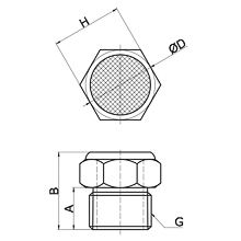 drawing of BSSM G04 | G, BSP, BSPP 1/2 Flat Stainless Steel Screen Breather Vent with Brass Body