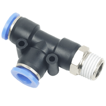 Male Swivel Run Tee 1/4" Tubing, R, PT, BSPT 3/8 Push in Fitting