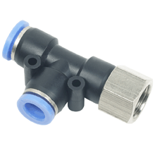 Female Swivel Run Tee 1/4" Tubing, R, PT, BSPT 3/8 Push in Fitting