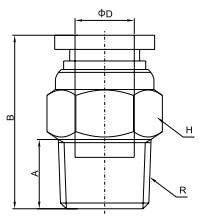 drawing of SPC 16-01 | Male Connector - Inoxline Push To Connect Fitting | 16mm O.D Tubing, PT, R, BSPT 1/8 Male Thread